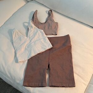 Spiritual Gangster 3-Piece Ribbed Activewear Set in Pink, Brown + White size S